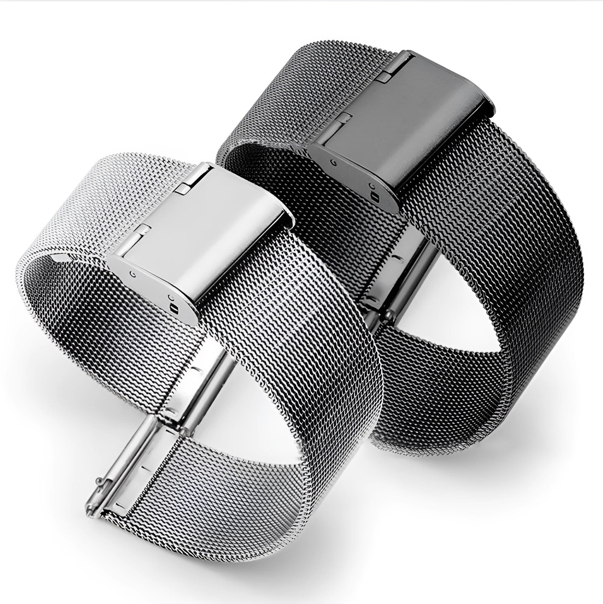 Milani silk woven stainless steel watch band in silver, showing linked metal weave.