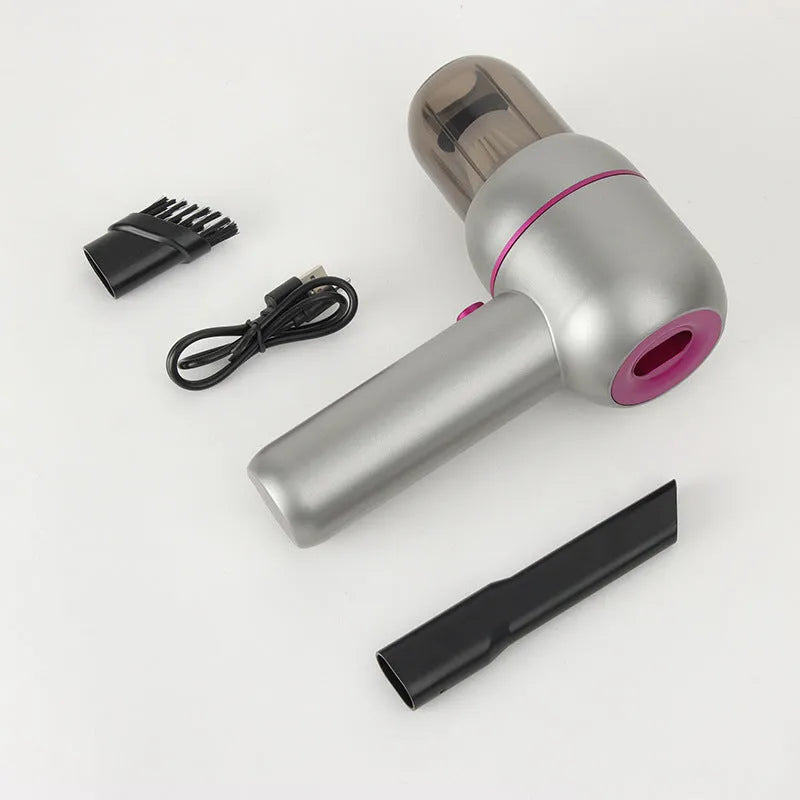 Grey handheld car vacuum cleaner with 7.4V battery and dual nozzles for vehicle cleaning