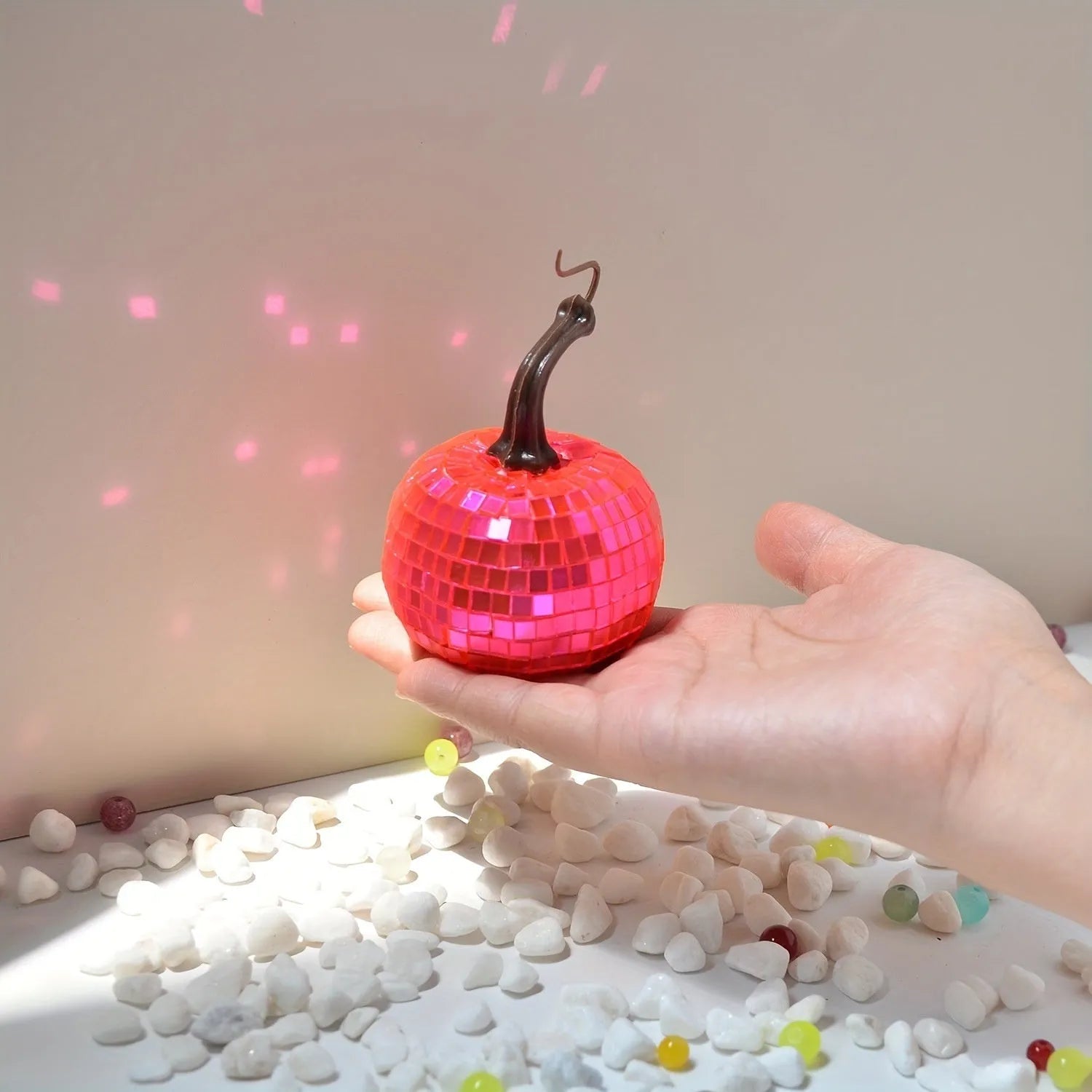 Glass pumpkin mirror decoration with bionic design in Chinese style, shown in multiple sizes