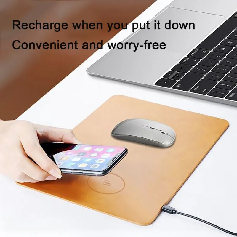 Brown leather wireless charging mouse pad with Micro USB port