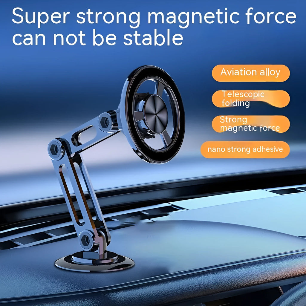 All-metal magnetic car phone holder in black, silver, gold, and rose gold colours with spare rings and adhesives