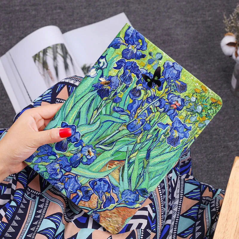 Handmade liquid silicone flip case for iPad shown in Apricot Flower decorative theme.