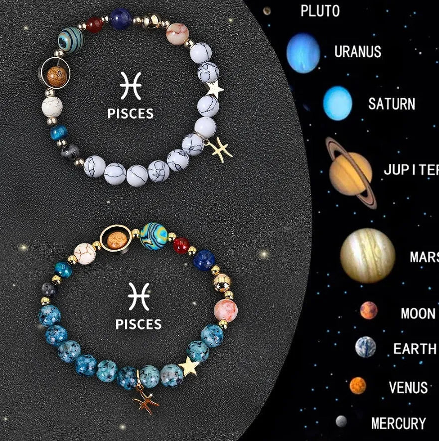 Set of twelve natural stone beaded bracelets for each zodiac sign arranged together.