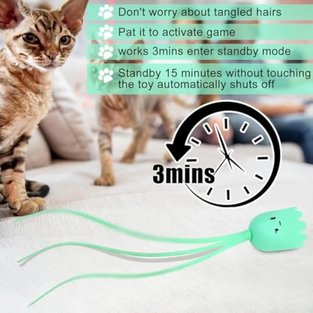 Electronic cat wand toy with swinging silicone tails on green background