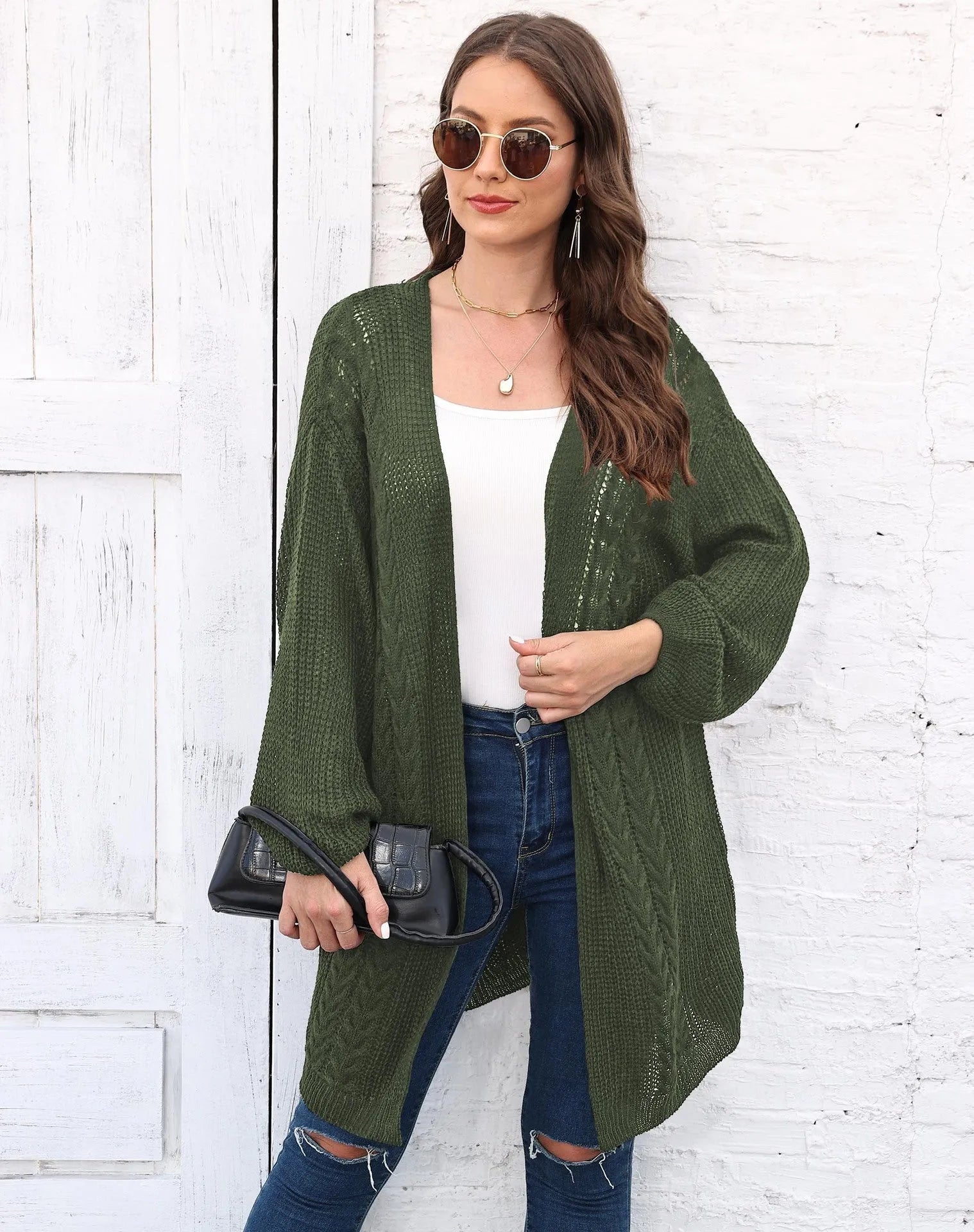 Women's loose acrylic cardigan in free size, shown in solid colour options including army green, black, brown, light grey, and rose red.