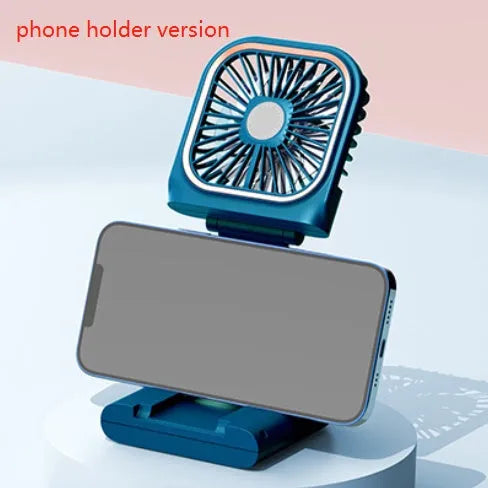 Hands-free wearable neck fan with dual fans and USB charging cable in multiple colours.