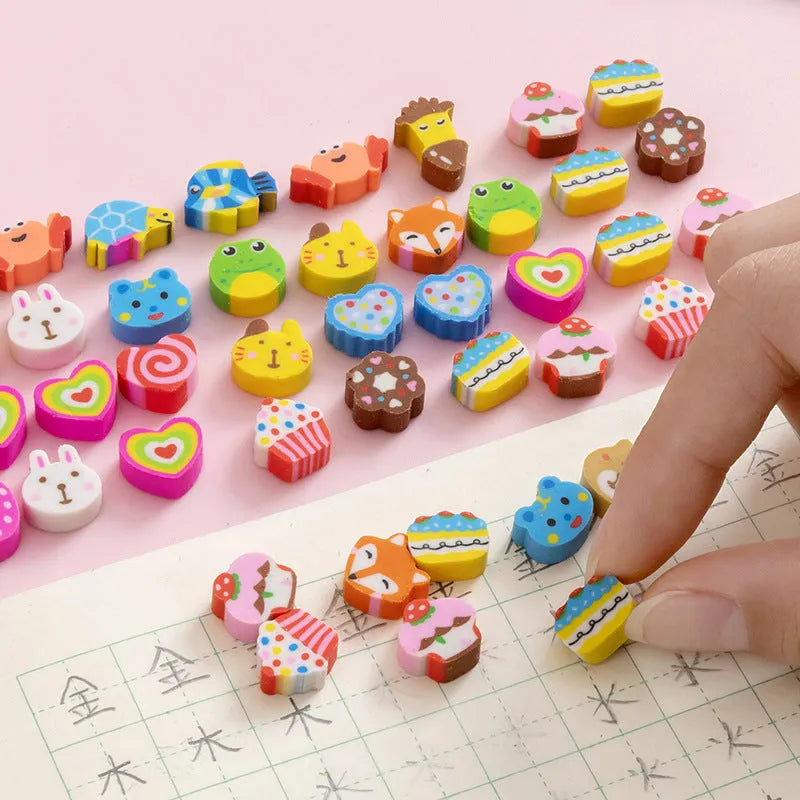 50 colourful cartoon mini erasers in pearlescent bags showing fruit, animal, and holiday designs