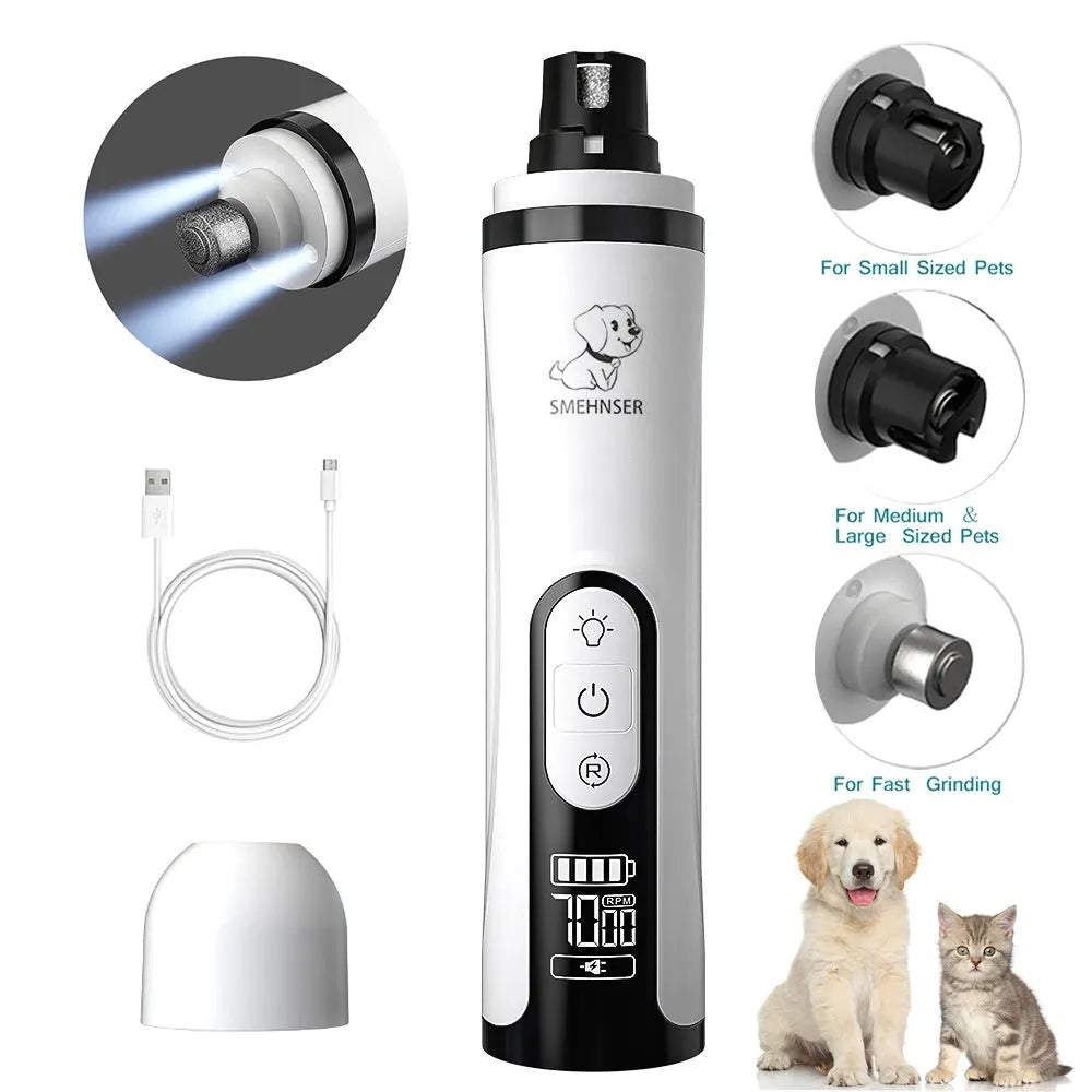 Electric dog nail grinder with LCD screen, LED lights, and a dust collection cup attached.