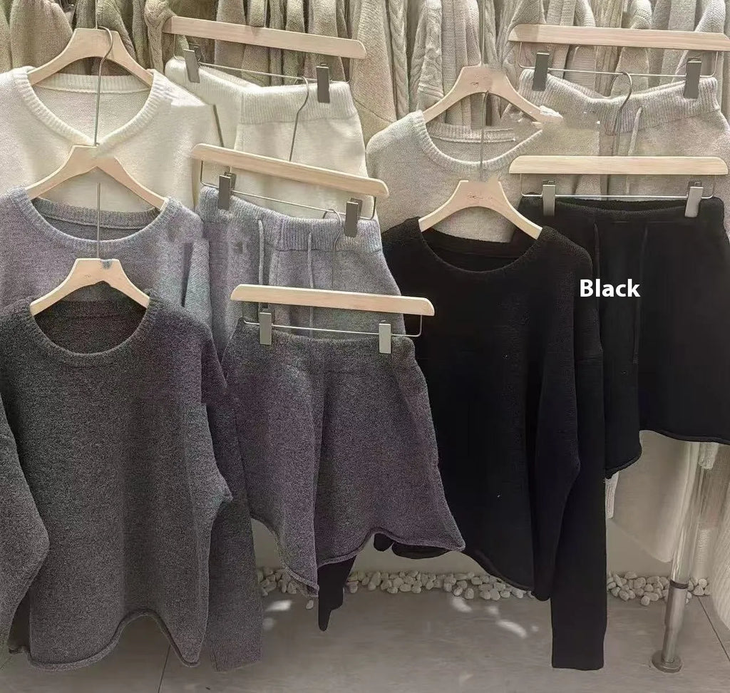 Women's loose-fitting long sleeve sweater with knitted wide-leg shorts two-piece set in polyester acrylic blend