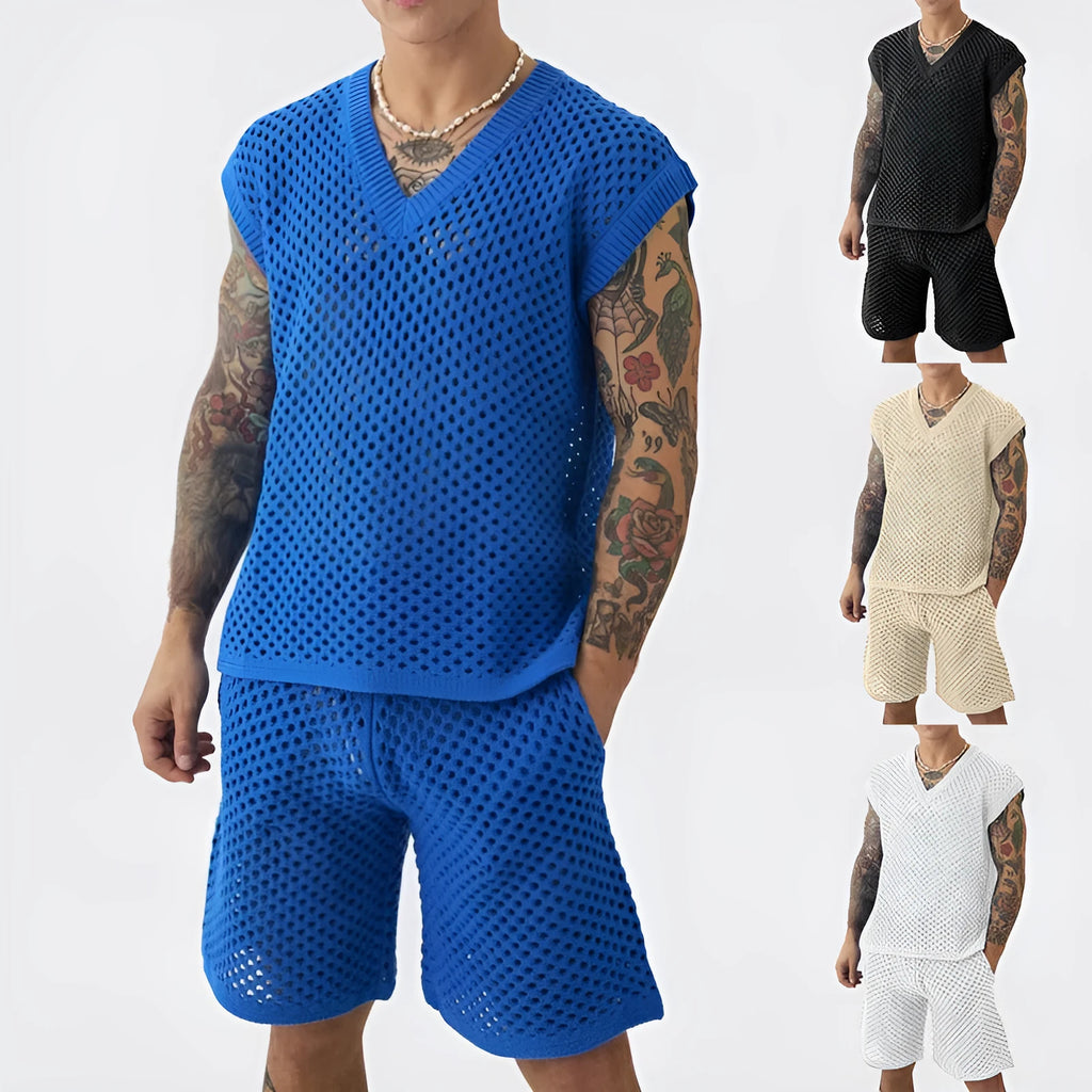 Men's blue cotton knitted sleeveless vest and matching shorts set for summer sports.