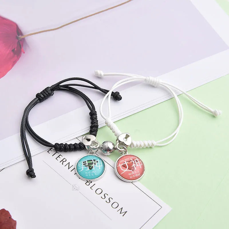 Magnetic couple bracelets with crown design and electroplating finish