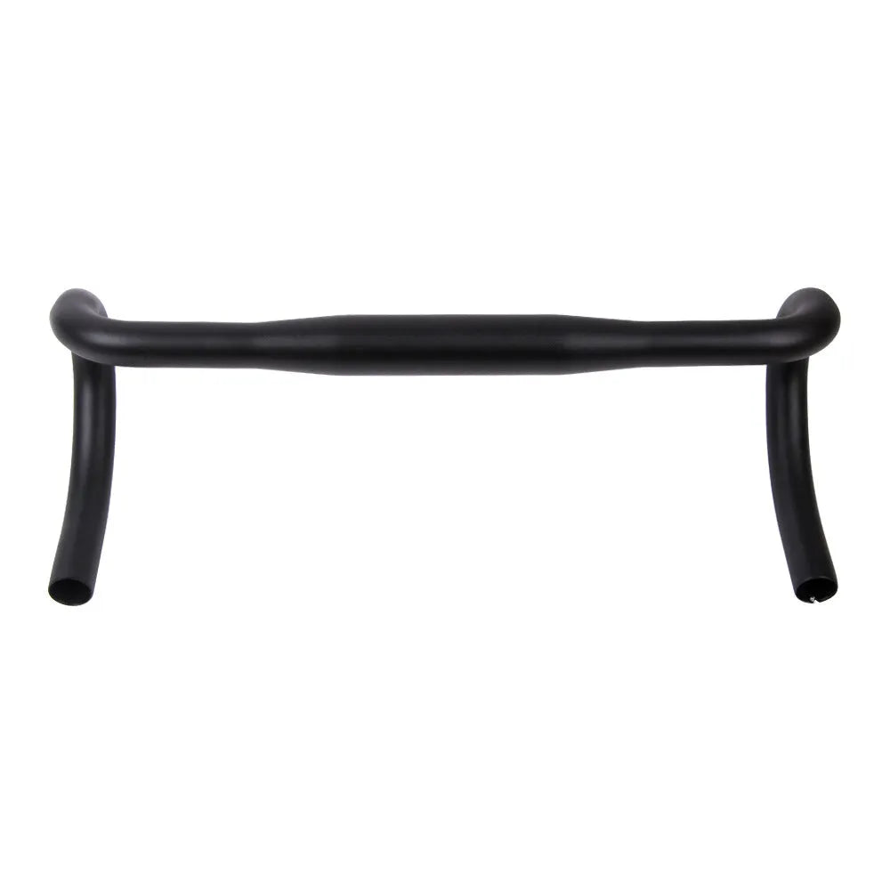 Black UNO aluminium alloy road bike drop handlebar showing curved shape and 31.8mm clamp section.