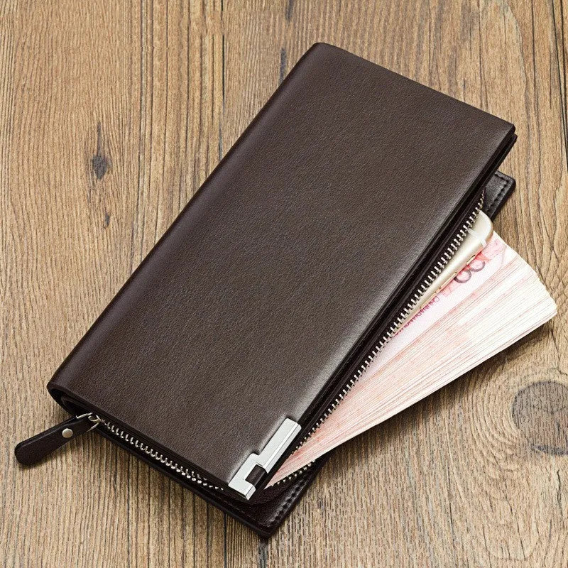Men's long black PU leather zipper wallet showing card slots and closed zipper.