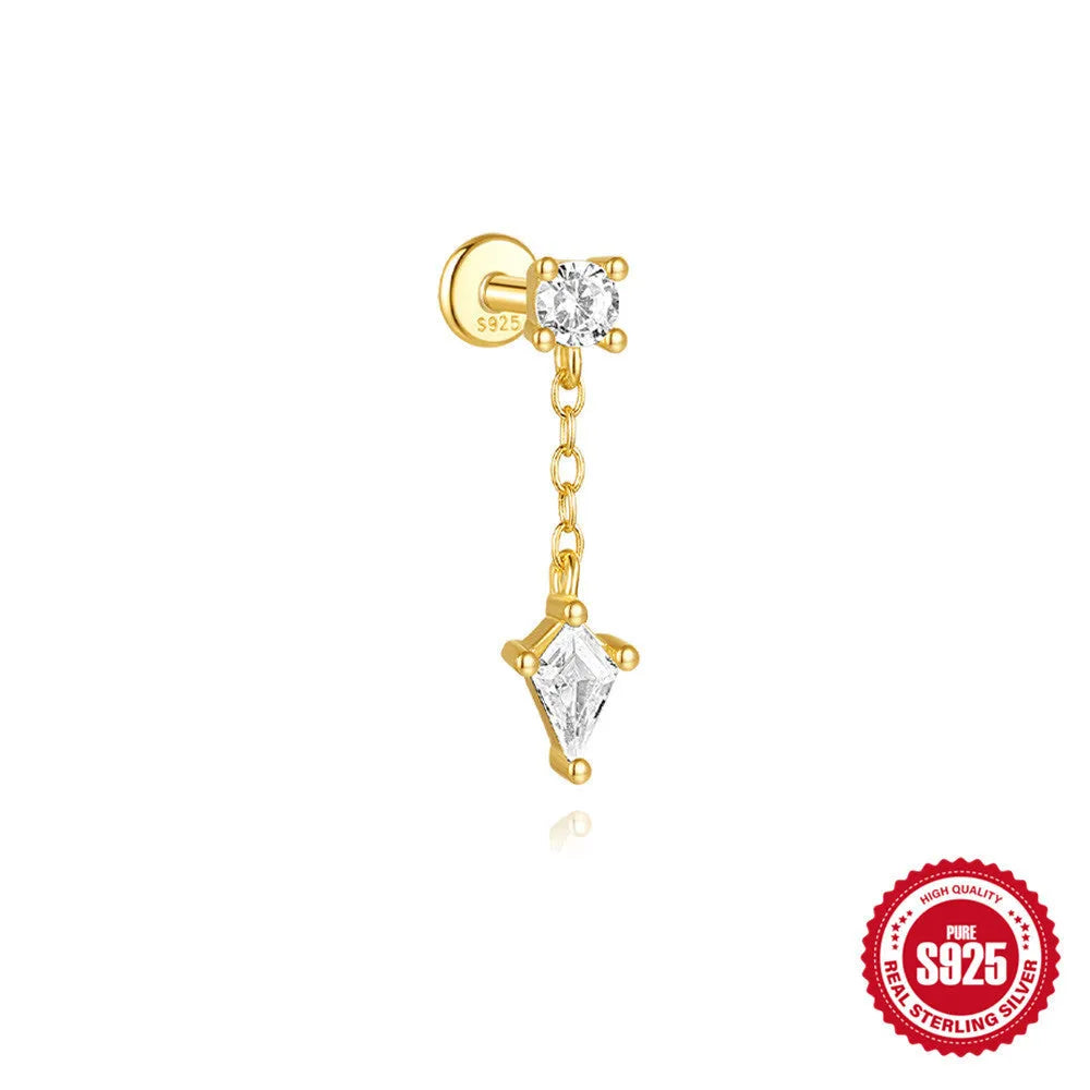 S925 sterling silver geometric kite earring with rhinestone chain tassel in gold colour.
