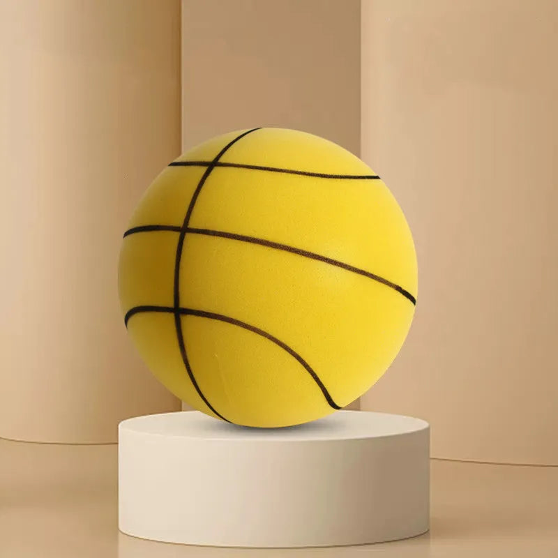 Silent foam basketball training ball in assorted bright colours with basketball hoop