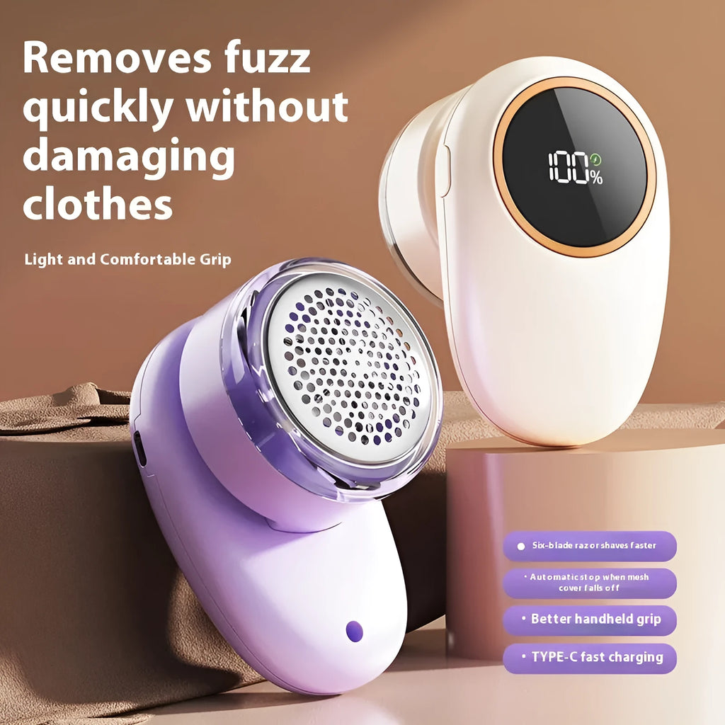 Beige and purple electric fur ball trimmer lint rollers with digital display and rotating cutter heads on a fabric surface.