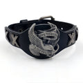 Black geometric bracelet with an alloy eagle watch-buttom on a leather strap.