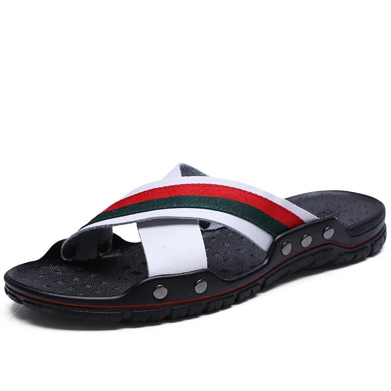 Men's cowhide leather flip-flops in white, blue, and black on a PU sole.