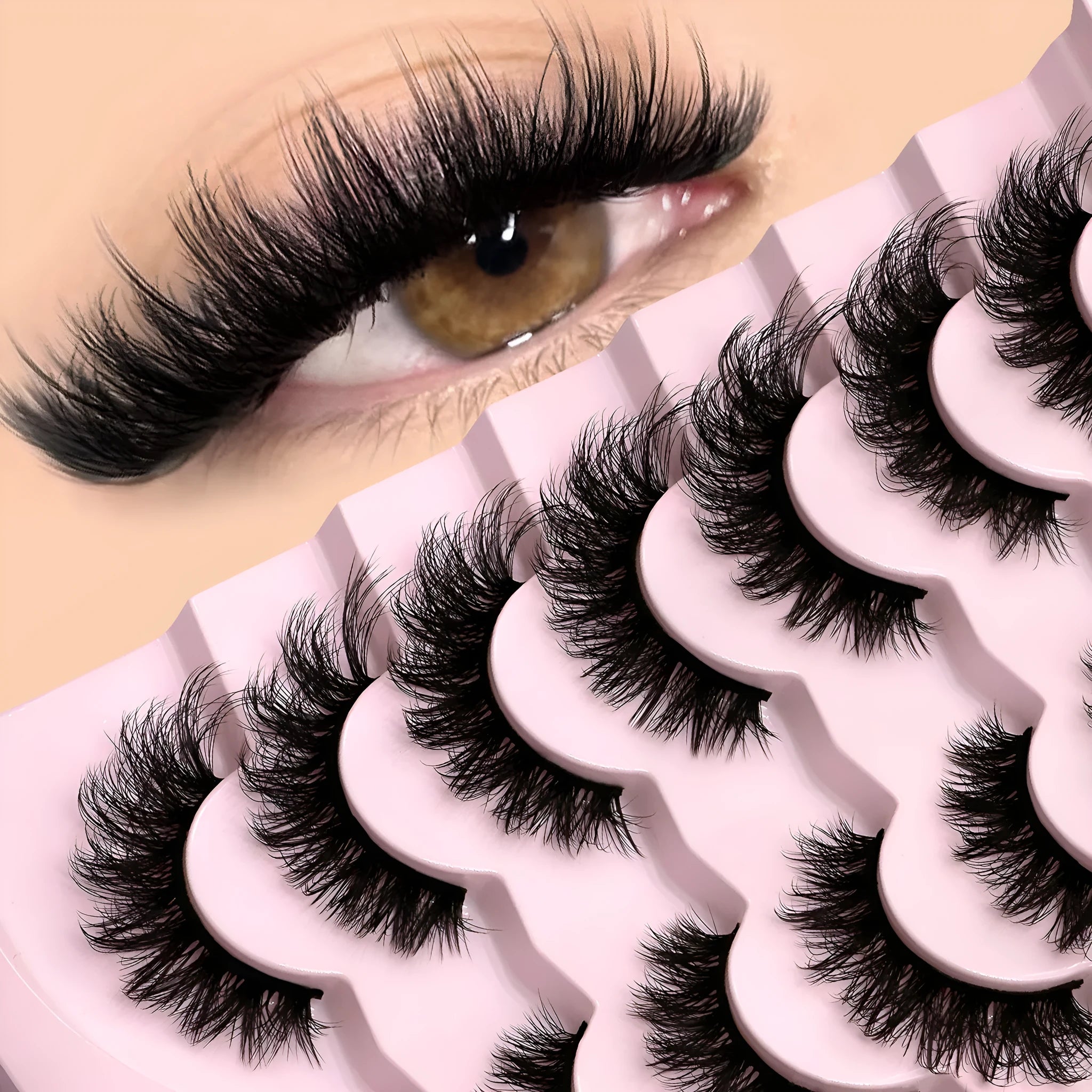 Box of natural false eyelashes showing six different thick, dense styles including Y5 and A01-A05 with glue