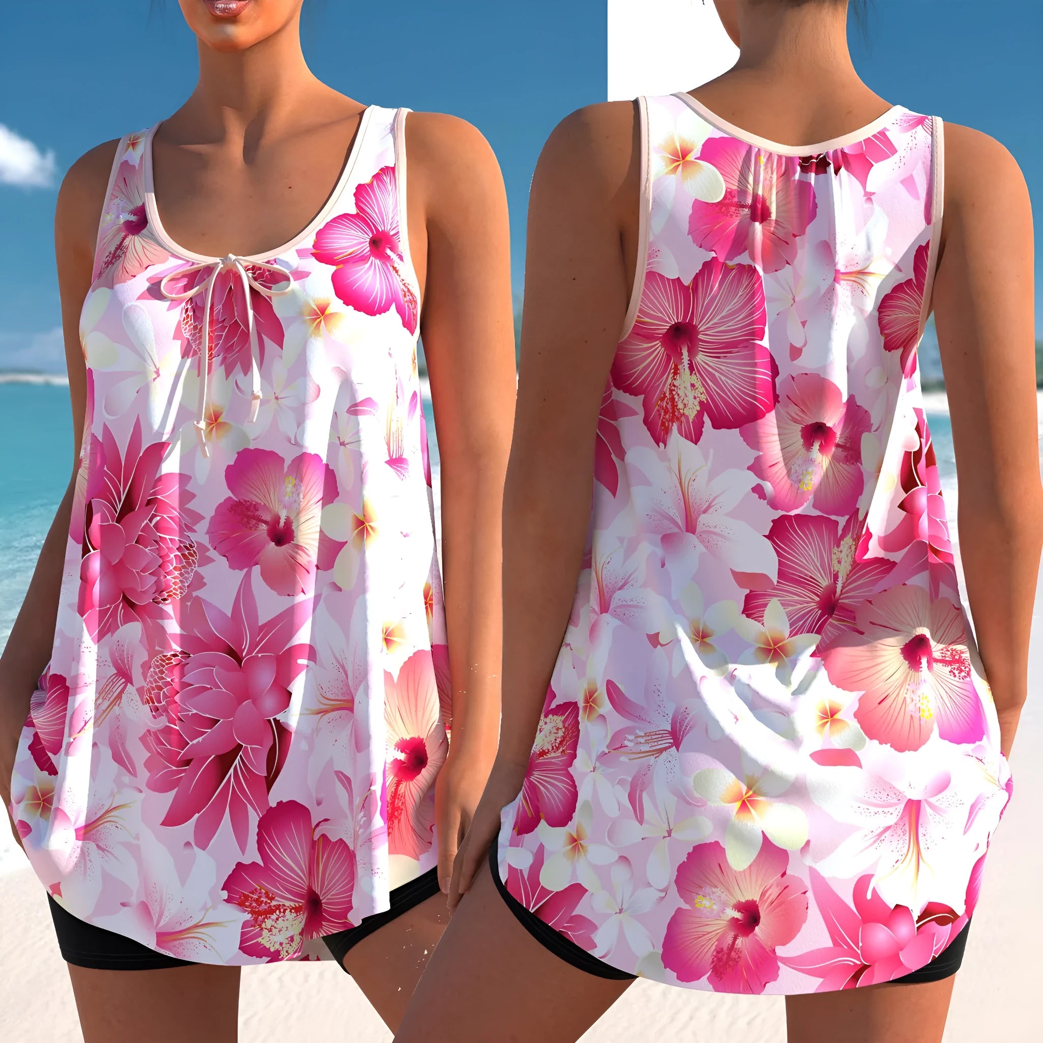 Pink printed tankini swimsuit set with high waist briefs for ladies in sizes S to 5XL