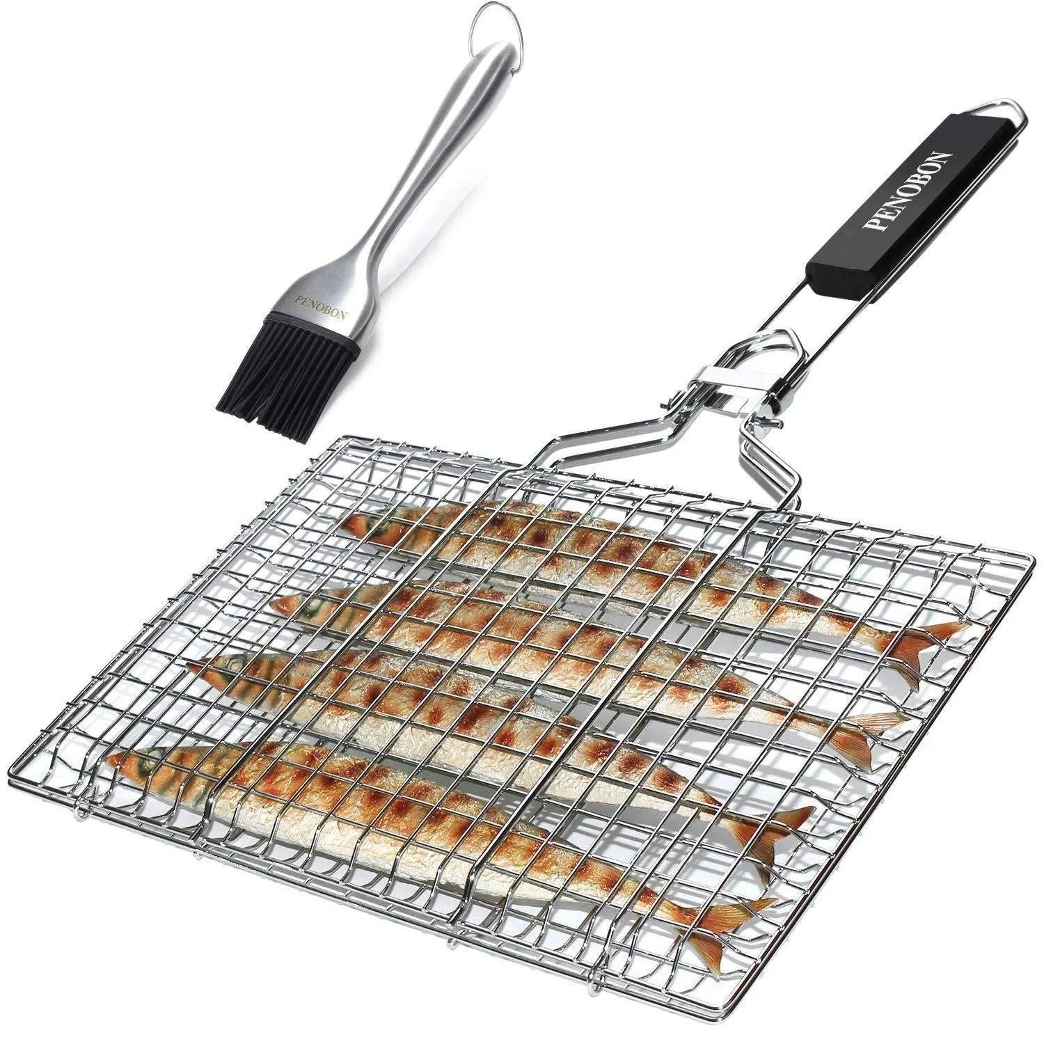 Square stainless steel folding barbecue mesh basket with a cleaning brush on a grill.