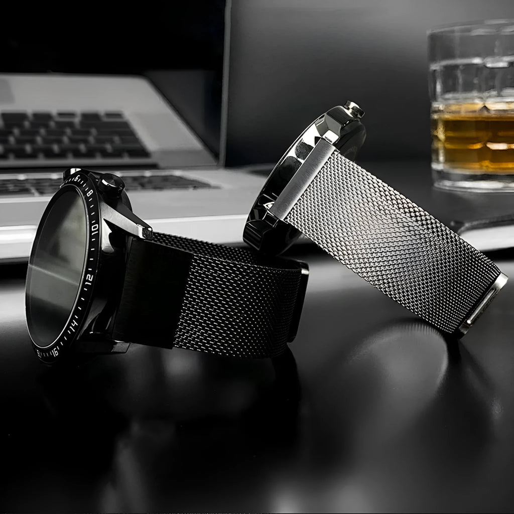 Stainless steel smartwatch strap for Garmin Fenix models in silver, black, gold, and rose gold colours