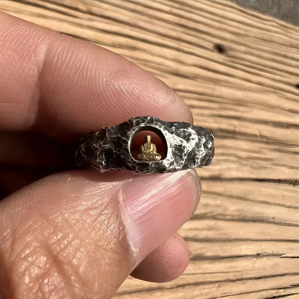 Grotto Buddha hand-forged copper ring with rock texture finish in size No 8