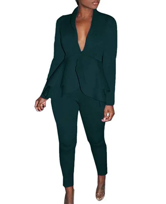 Women's ruffled blouse and pencil trousers business casual pantsuit in eight colour options