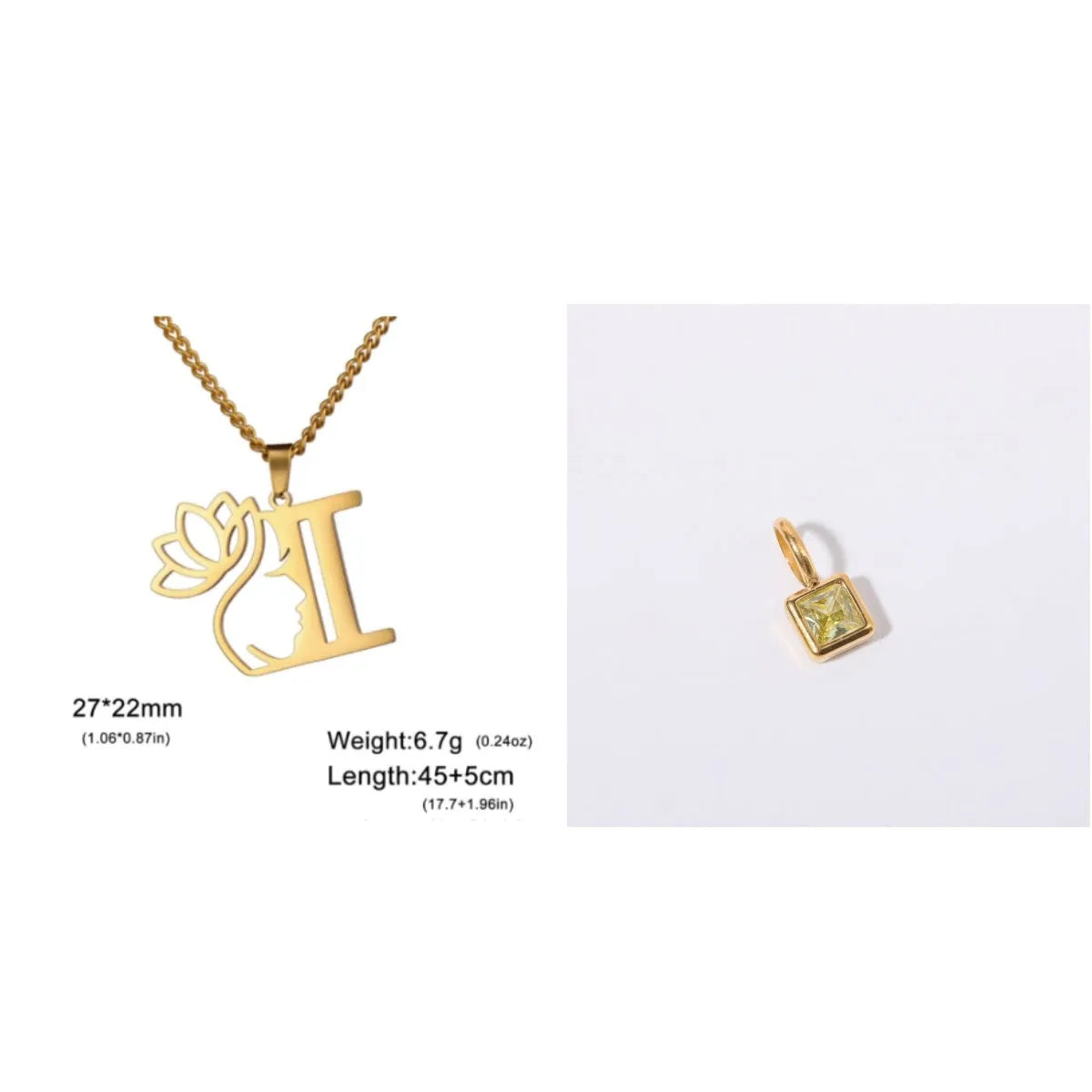 Stainless steel necklace with cross chain and a single letter pendant in gold or silver finish.