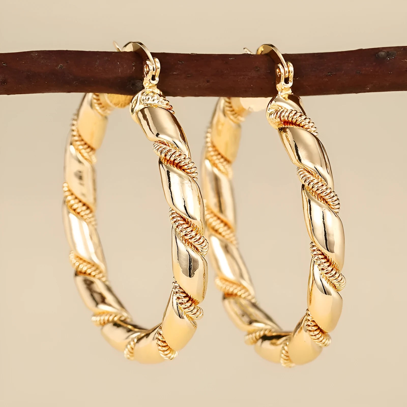 Geometric copper ear clips with ring design in golden colour for women