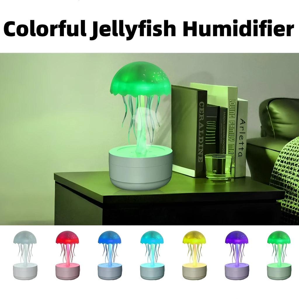 White jellyfish-shaped humidifier and essential oil diffuser with colourful LED night light on a desktop.