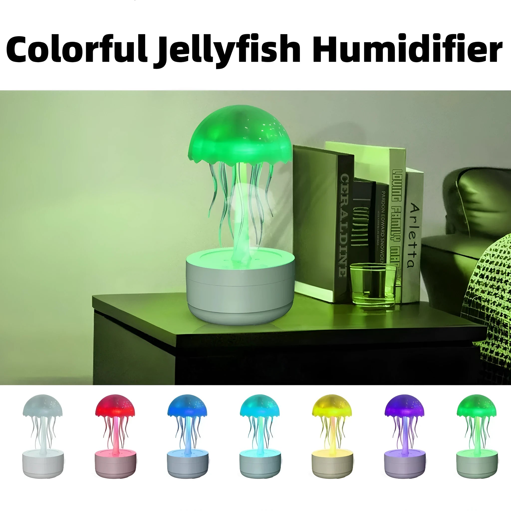 White jellyfish-shaped humidifier and essential oil diffuser with colourful LED night light on a desktop.