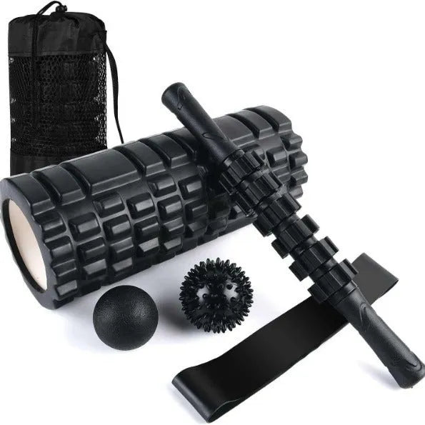Black 33cm foam roller with six gear massage accessories for fitness recovery