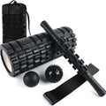 Black 33cm foam roller with six gear massage accessories for fitness recovery