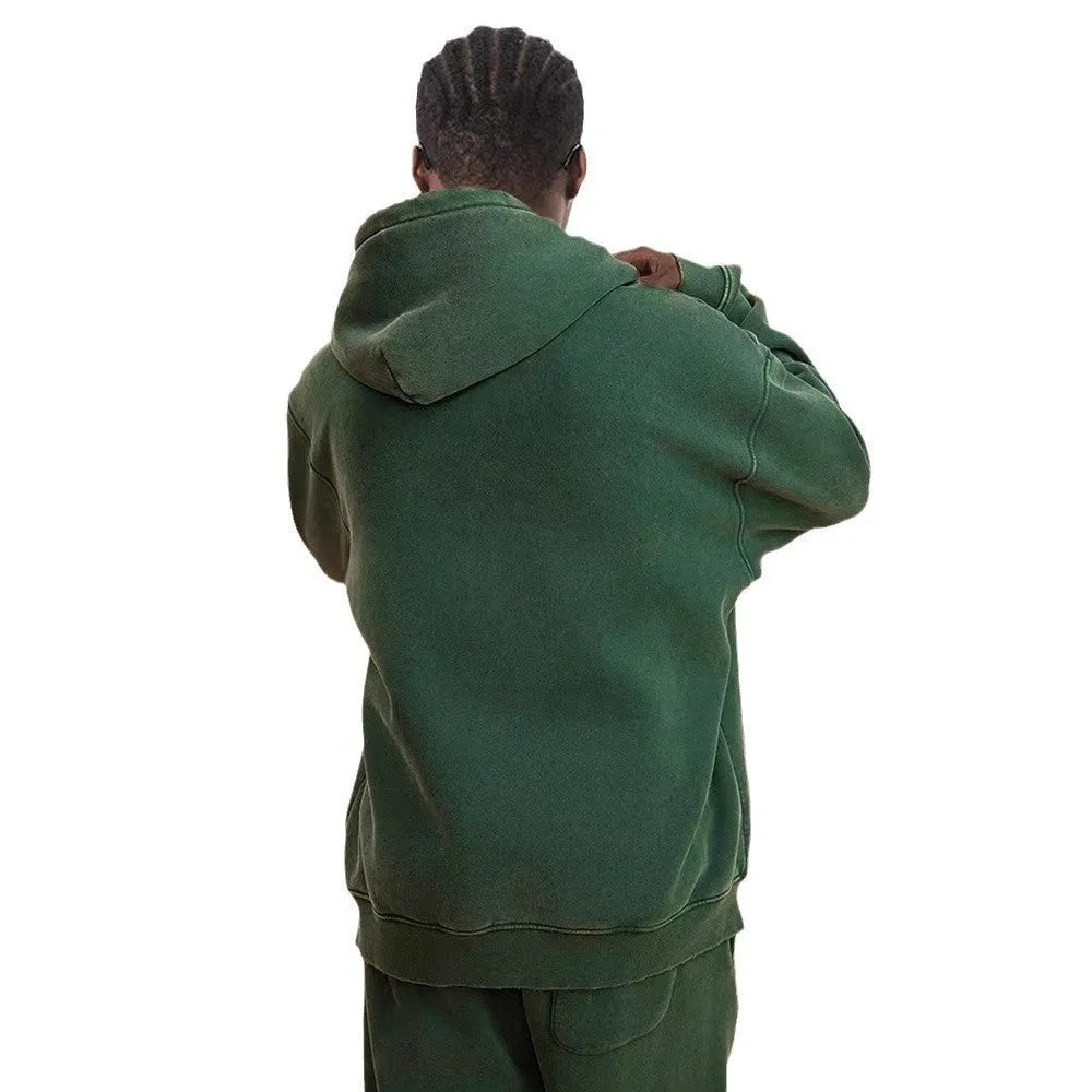 Men's washed black hooded cardigan with double zipper and fleece lining in vintage cotton style