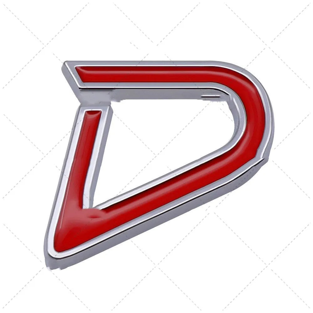 Red and silver SD-shaped metal decorative sticker for cars next to smaller red and black D-shaped sticker.