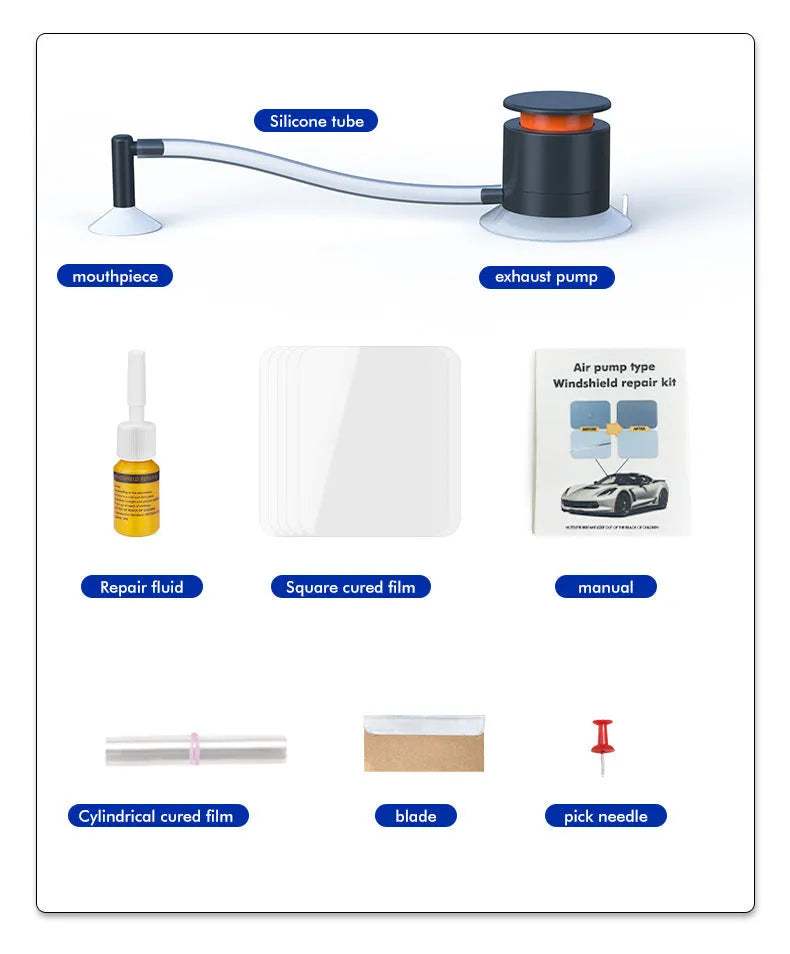 Car windshield crack repair kit with plastic applicator tool and resin bottle