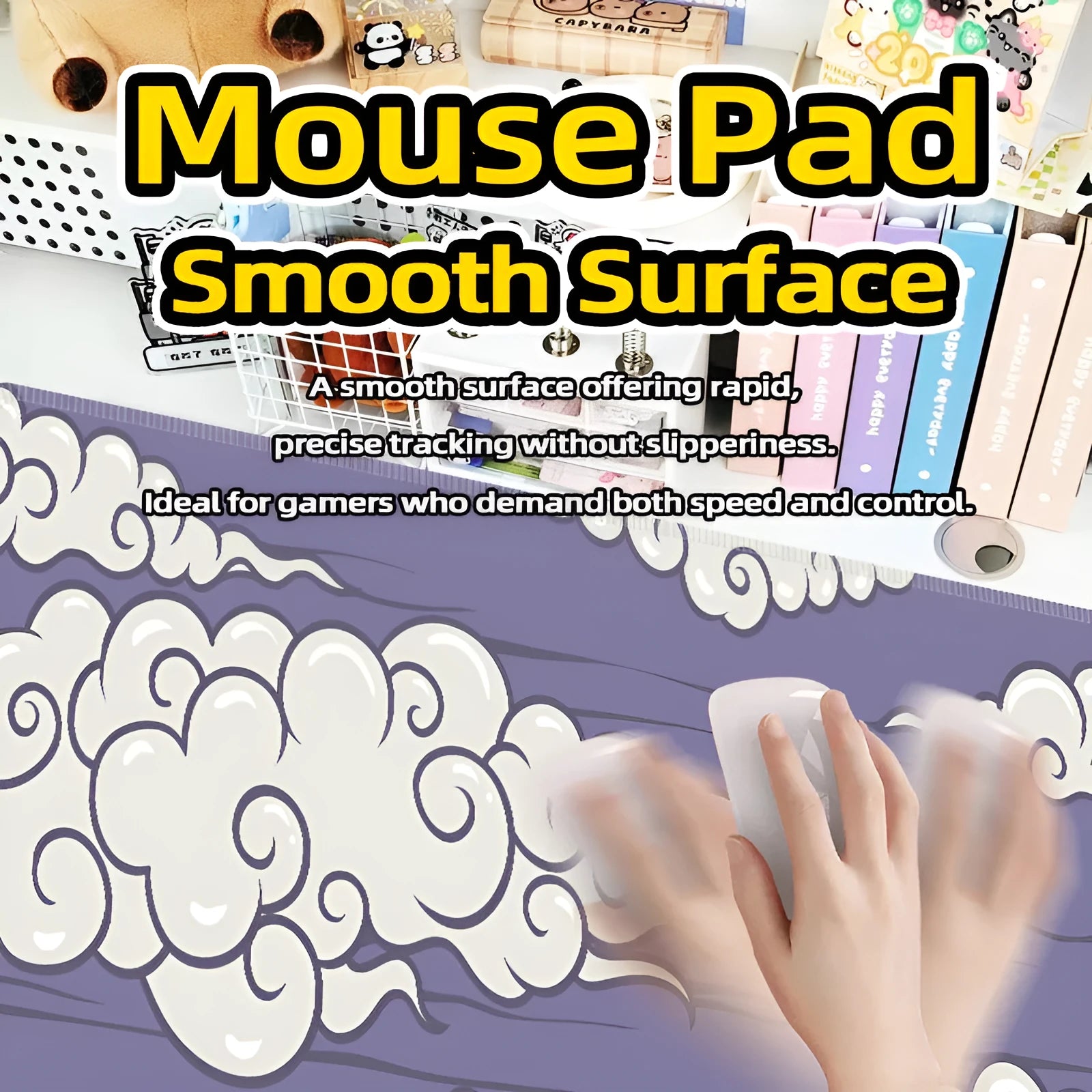 Large natural rubber desk mat with Japanese cloud pattern on a wooden desk, showing non-slip base.