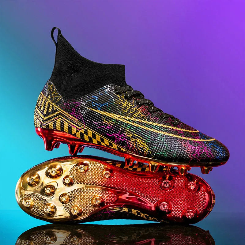 Men's white high-top soccer training shoe with gold-plated sole and lace-up front closure