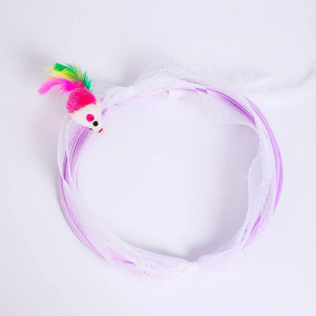 S-shaped foldable cat tunnel toy with feather attachments on elastic netting