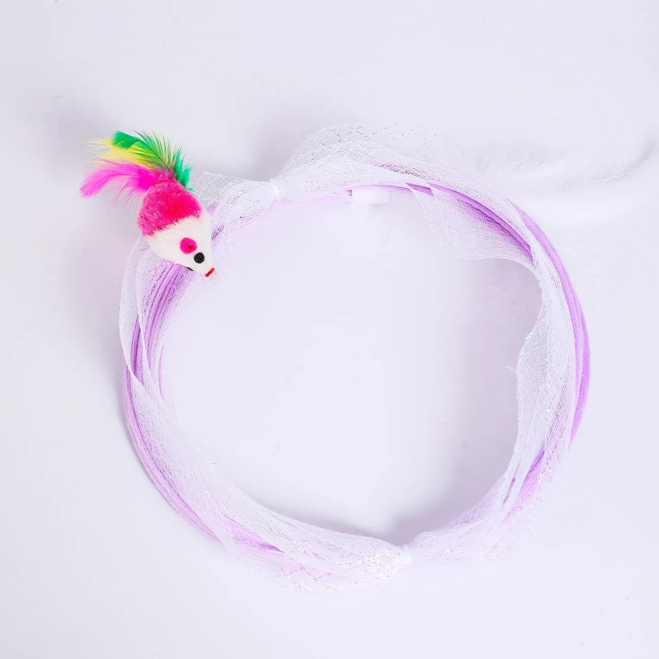 S-shaped foldable cat tunnel toy with feather attachments on elastic netting