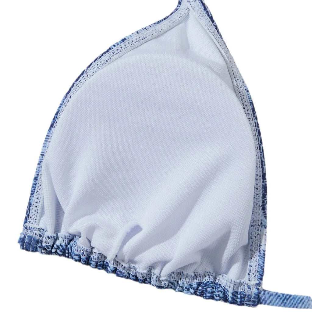 Women's denim blue printed bikini set with adjustable straps, front view