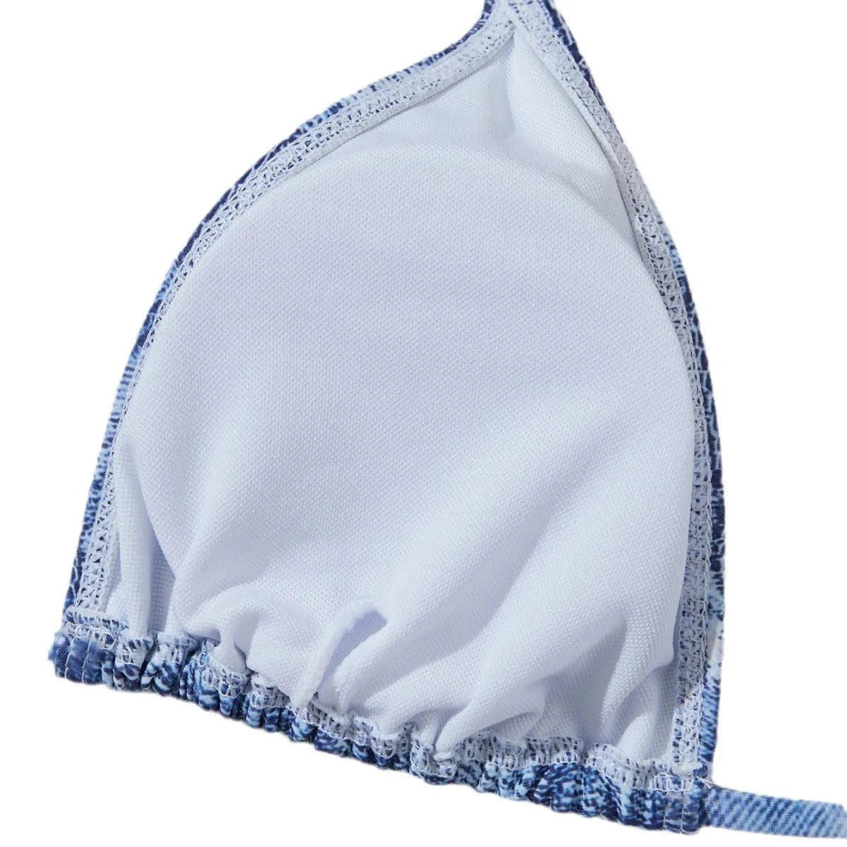 Women's denim blue printed bikini set with adjustable straps, front view