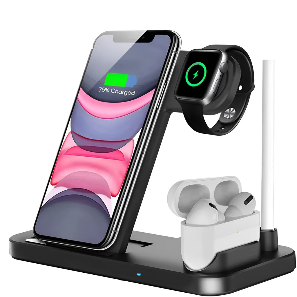 Folding 4-in-1 wireless charger in space grey colour, shown upright as a phone stand with an iPhone charging.