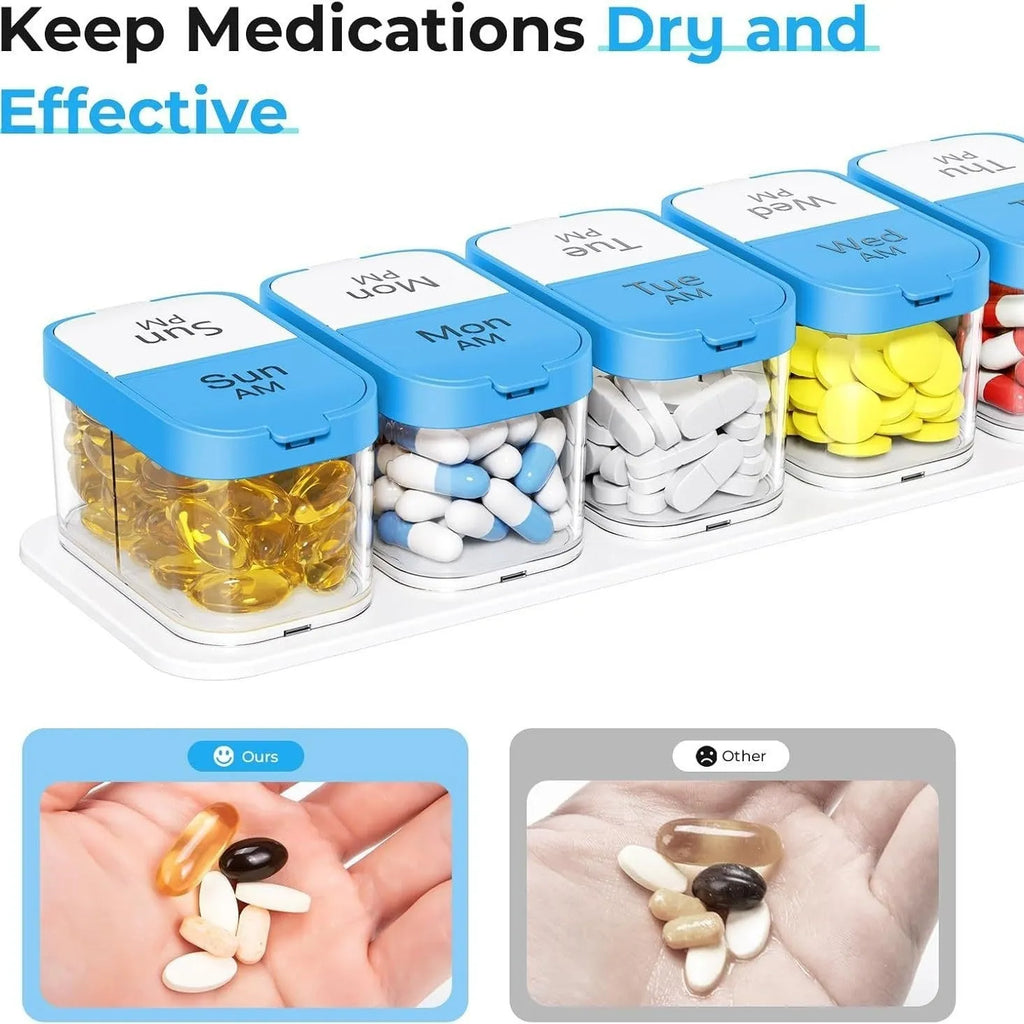 Extra large white and rainbow coloured pill box dispenser with 14 removable compartments showing dimensions