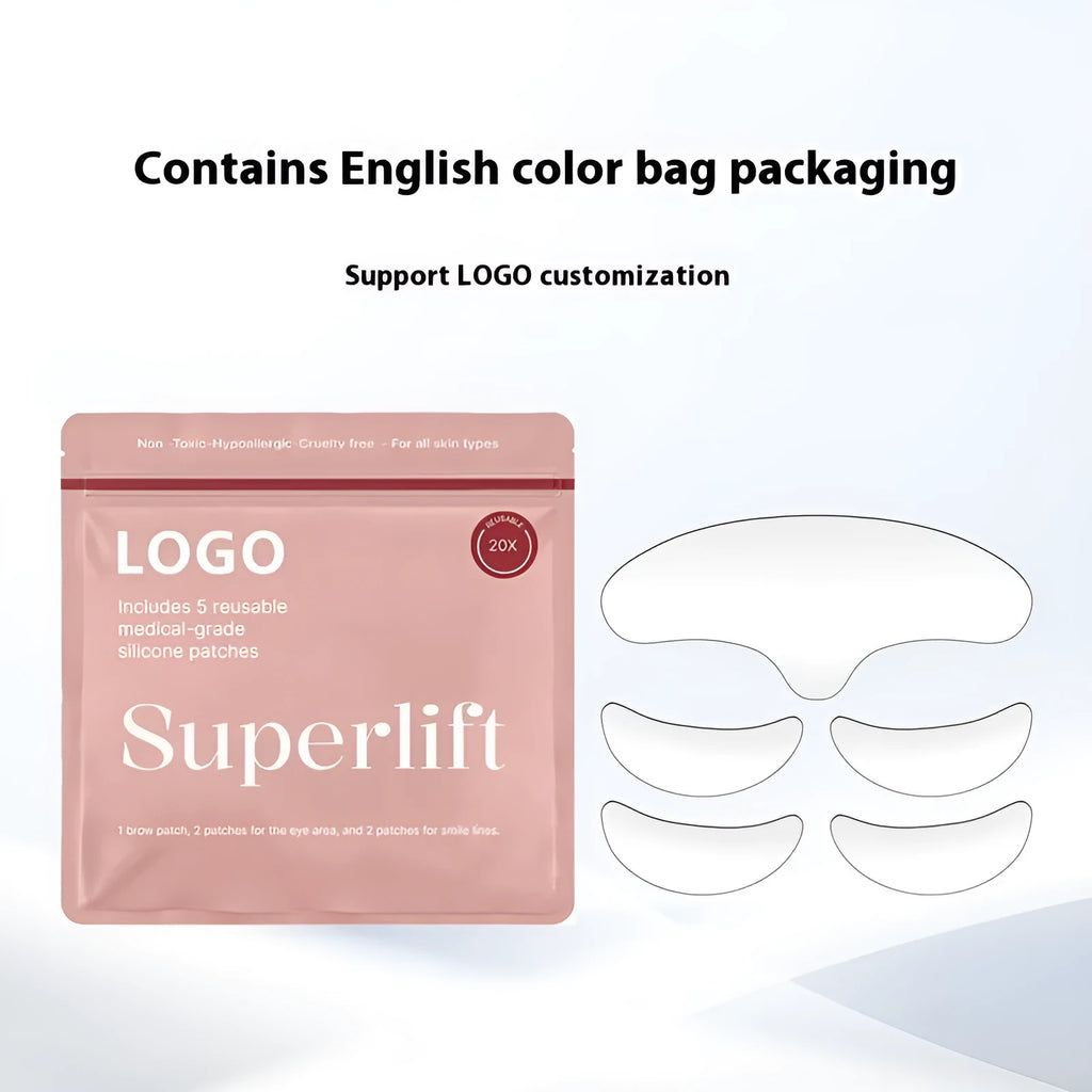 Five clear silicone anti-wrinkle face patches for forehead and eye area on white background