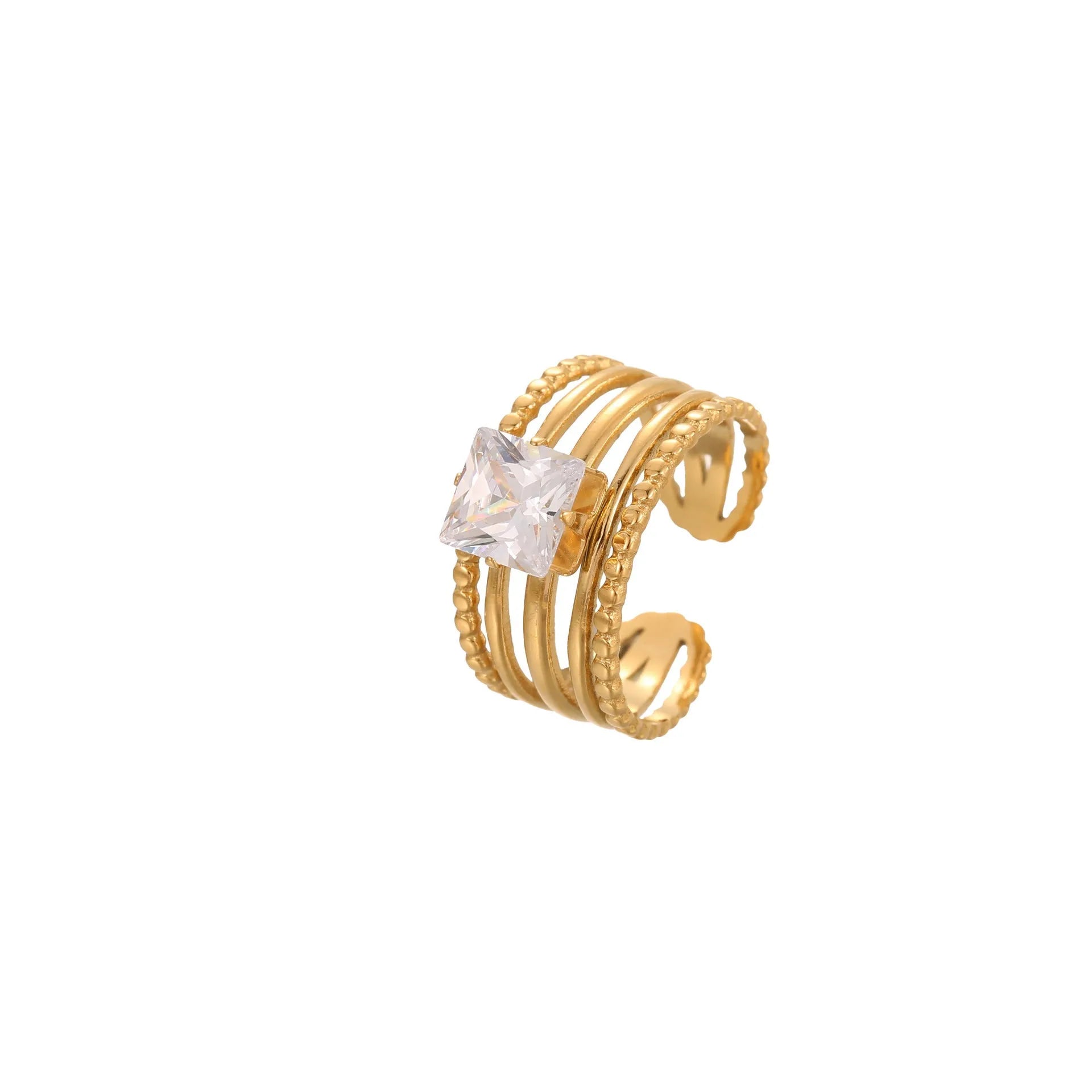 Gold electroplated stainless steel ring with zircon geometric design and open mouth adjustable fit