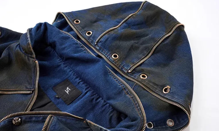 Blue hooded denim vest coat with matching trousers, Korean style zippered jacket set