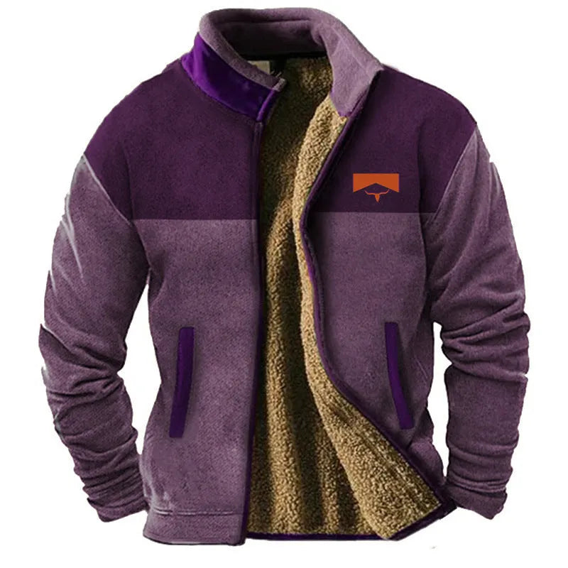 Men's polyester padded coat in regular length on a hanger, available in blue, green and light brown.