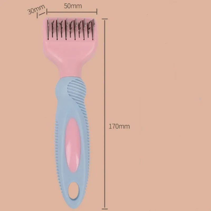 170mm stainless steel pet grooming comb in pink colour with detangling blades